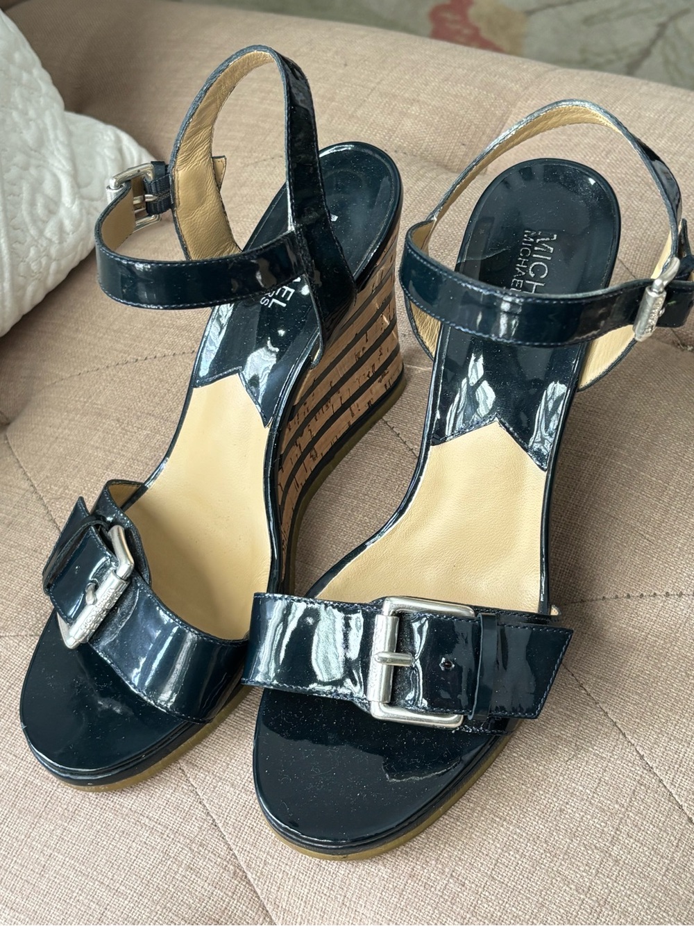 Michael Kors Navy Blue Patent Leather Wedge Sandals with Striped Cork Heel